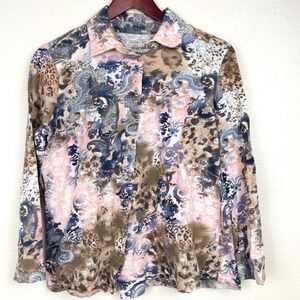 Soft Surroundings Womens Top M Cotton Embellished Paisley Button Up Long Sleeved
